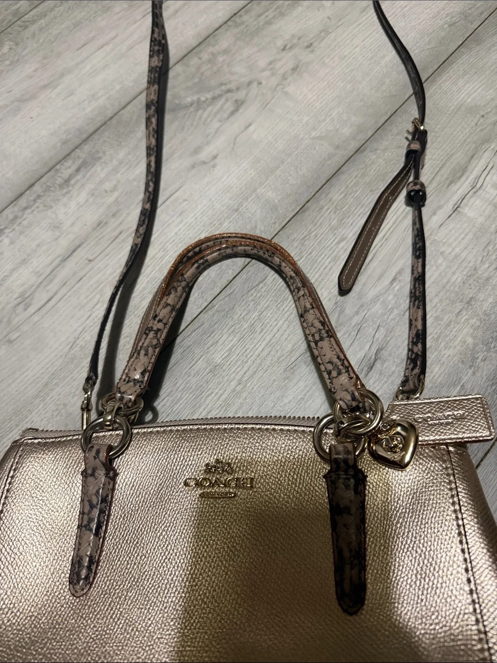 Coach Metallic Rose Gold Satchel with Snake-Print Strap and Top Handles - Picture 3 of 15